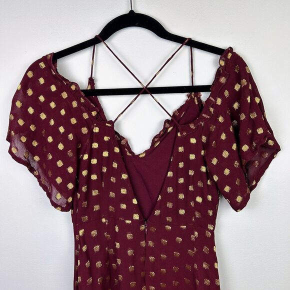 Topshop A Line Off the Shoulder Mini Dress Burgundy w Gold Metallic Polka Dots 4 - Picture 7 of 15